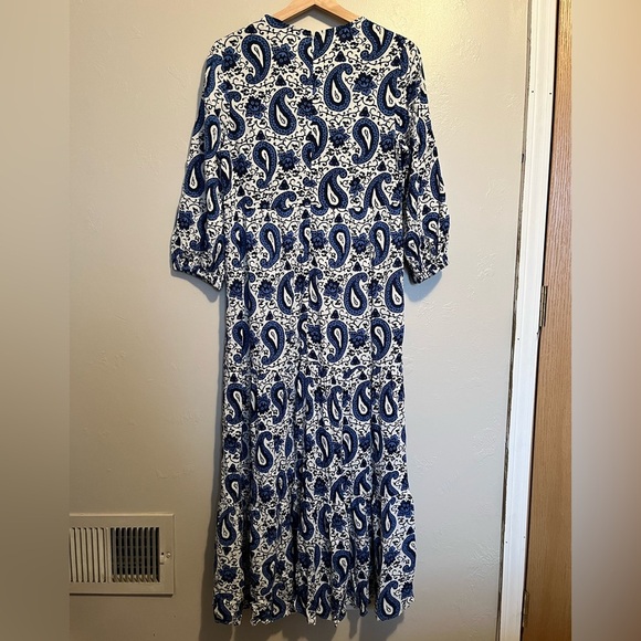 Boden Blue & White Blouson Sleeve Paisley Patterned Midi Dress Zip Back Size 10P - Picture 12 of 17